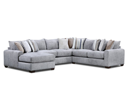 Gray fabric 3-piece sectional sofa with chaise, tufted cushions and striped throw pillows