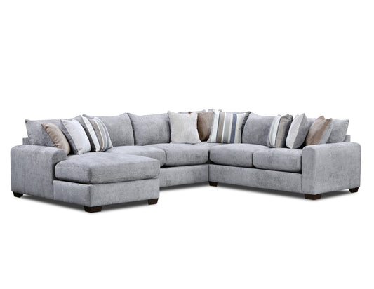 Gray fabric 3-piece sectional sofa with chaise, tufted cushions and striped throw pillows