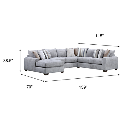 Gray sectional chaise sofa with dimensions 115"W x 139"L, 38.5"H