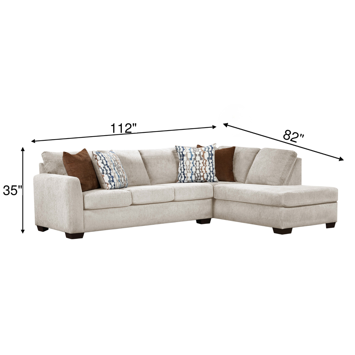 Beige fabric sectional sofa, corner chaise design, 112 in wide and 82 in deep