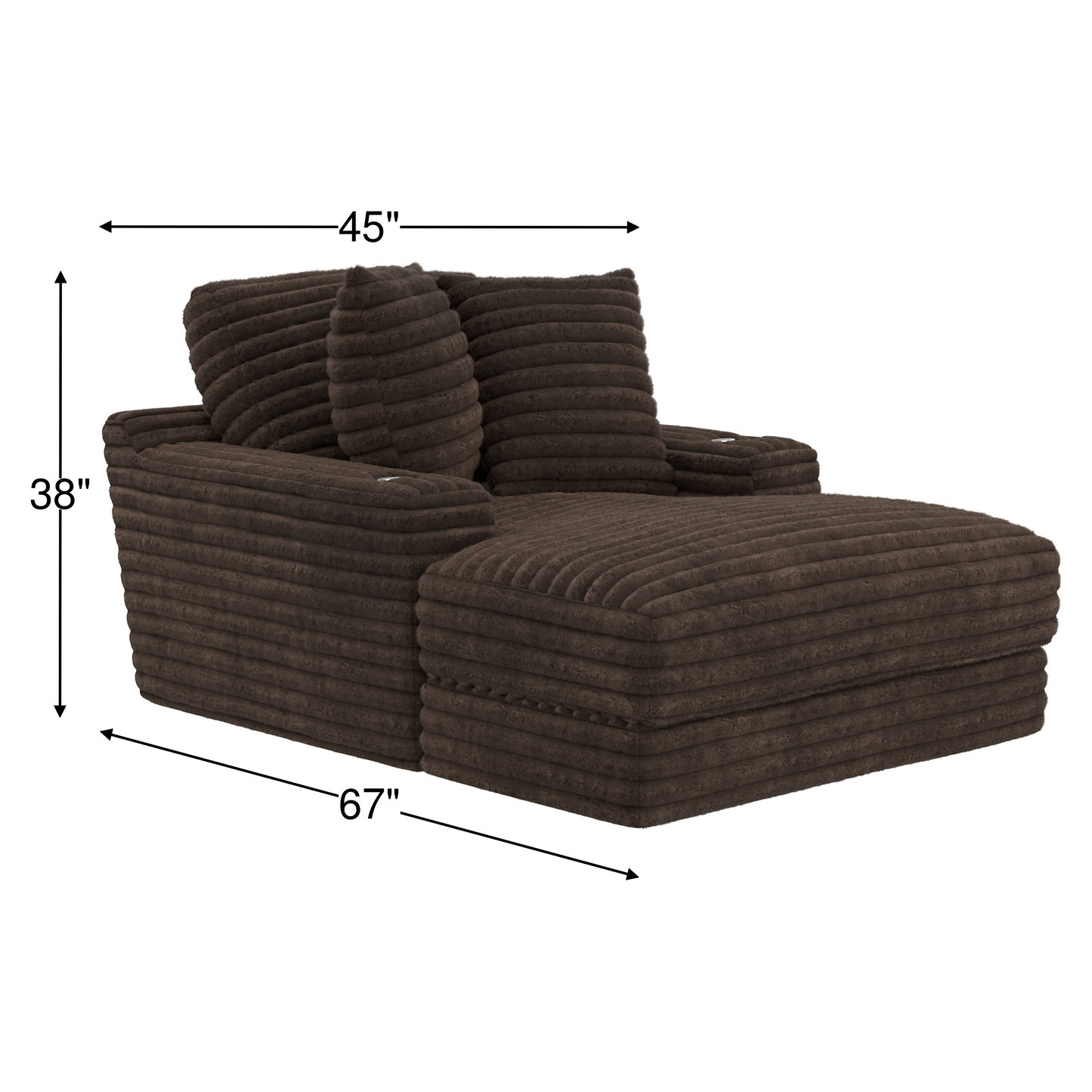 Oversized chaise lounge in dark brown with ribbed cushions and tall back pillow