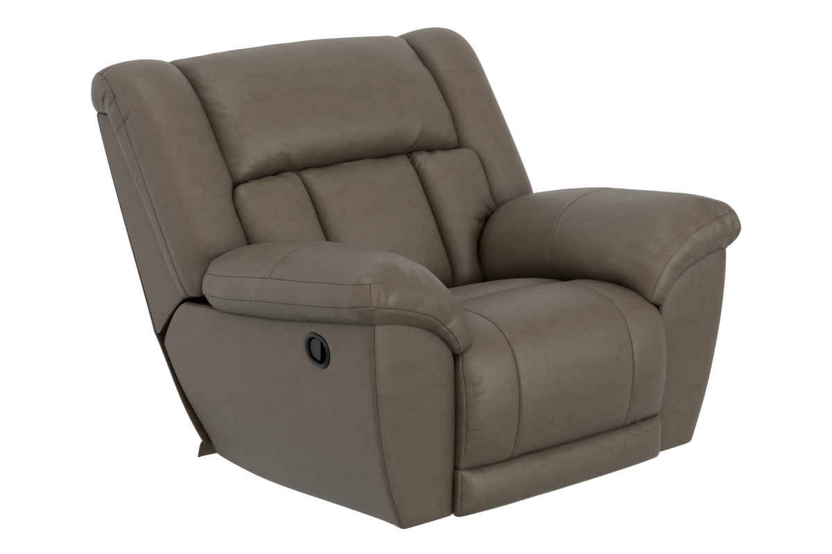 Taupe Hugo rocker recliner with padded arms and reclining seat, side view