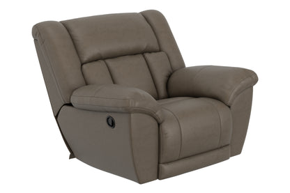 Taupe Hugo rocker recliner with padded arms and reclining seat, side view