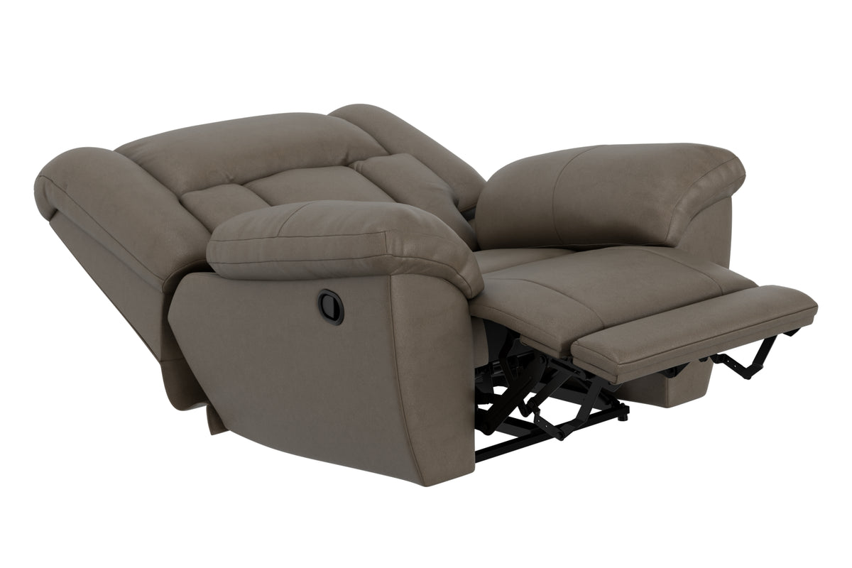 Taupe upholstered recliner with extended leg rest and visible black reclining mechanism