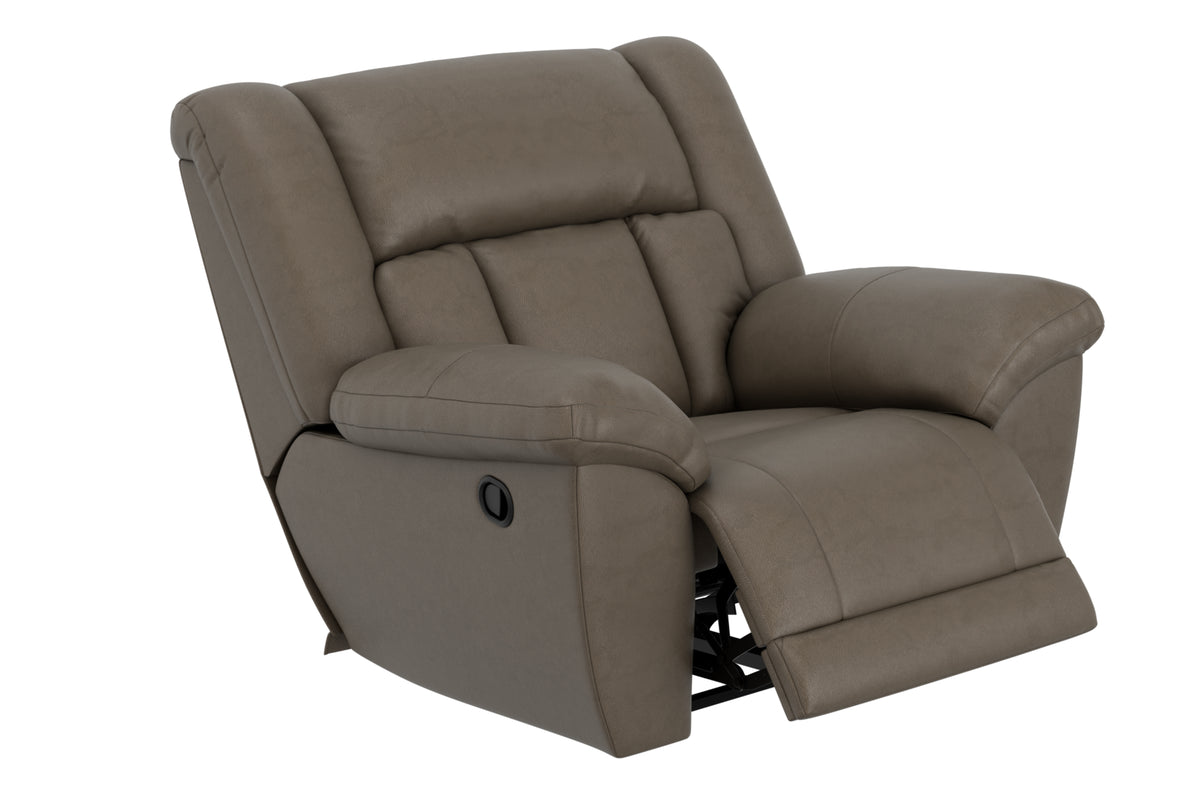 Taupe upholstered recliner open position with padded footrest and armrest console