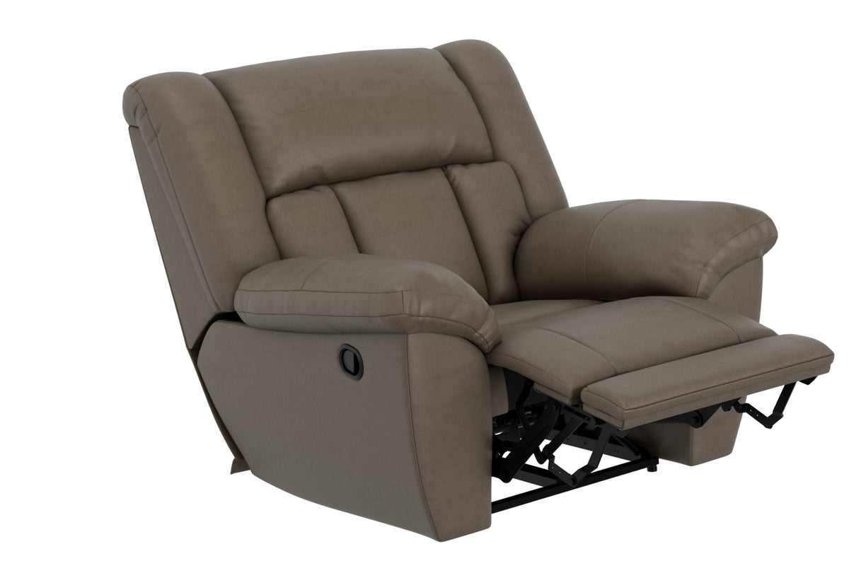 Taupe upholstered recliner open position with extended leg rest and cushioned arms