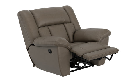 Taupe upholstered recliner open position with extended leg rest and cushioned arms