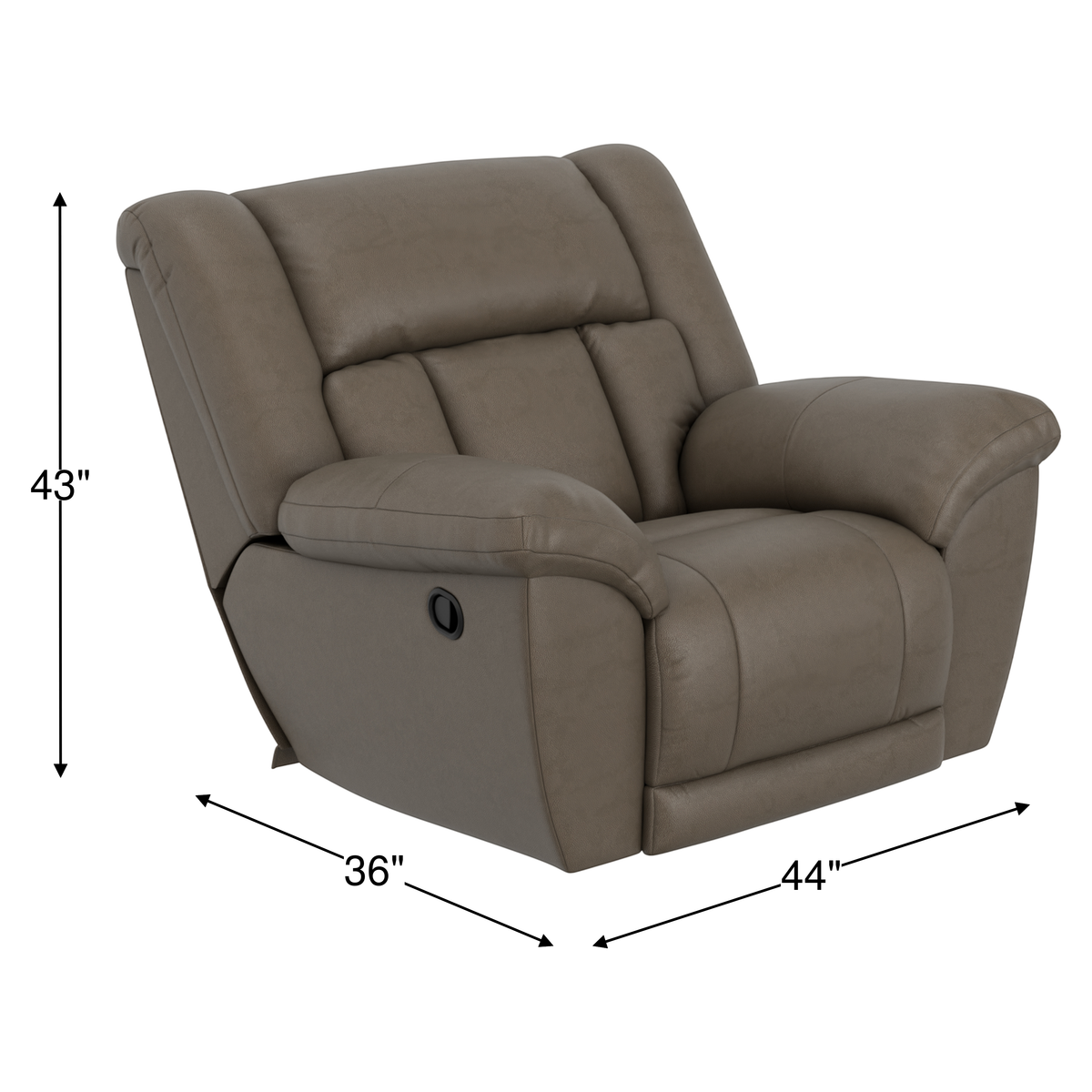 Taupe Hugo rocker recliner, 43in H, 36in D, 44in W, angled view