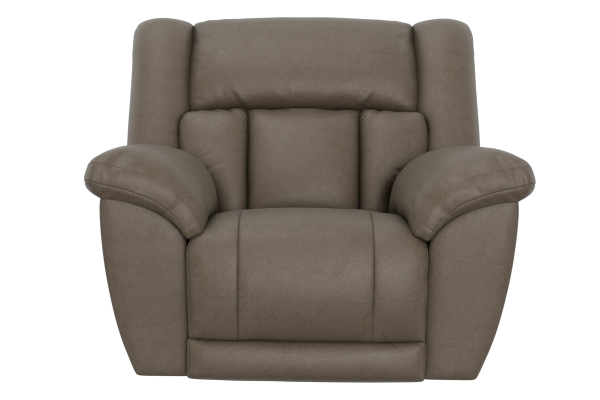 Taupe upholstered reclining chair with padded armrests and cushioned backrest