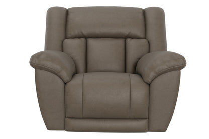 Taupe upholstered reclining chair with padded armrests and cushioned backrest