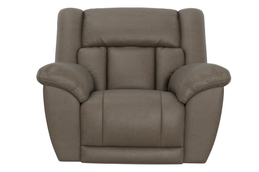 Taupe upholstered reclining chair with padded armrests and cushioned backrest