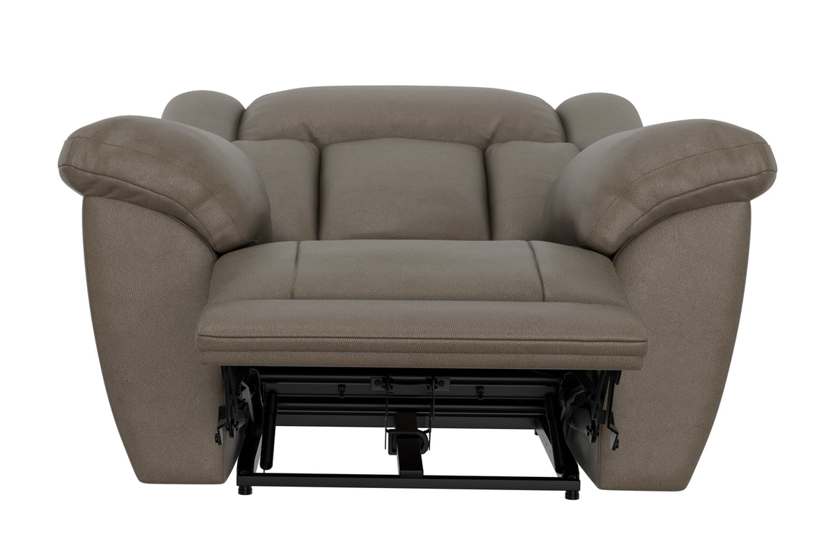 Taupe upholstered recliner back view with centered headrest and visible lift mechanism