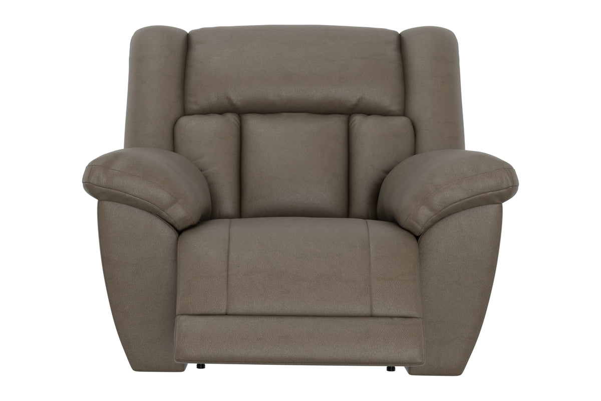 Taupe rocker recliner chair front view with wide seat and rounded back