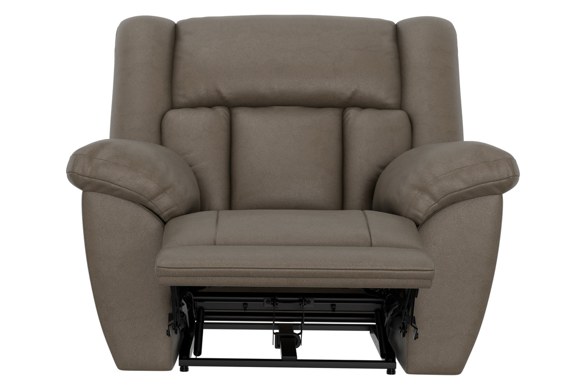 Taupe rocker recliner chair front view with footrest extended beneath seat