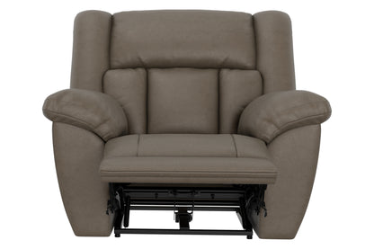 Taupe rocker recliner chair front view with footrest extended beneath seat