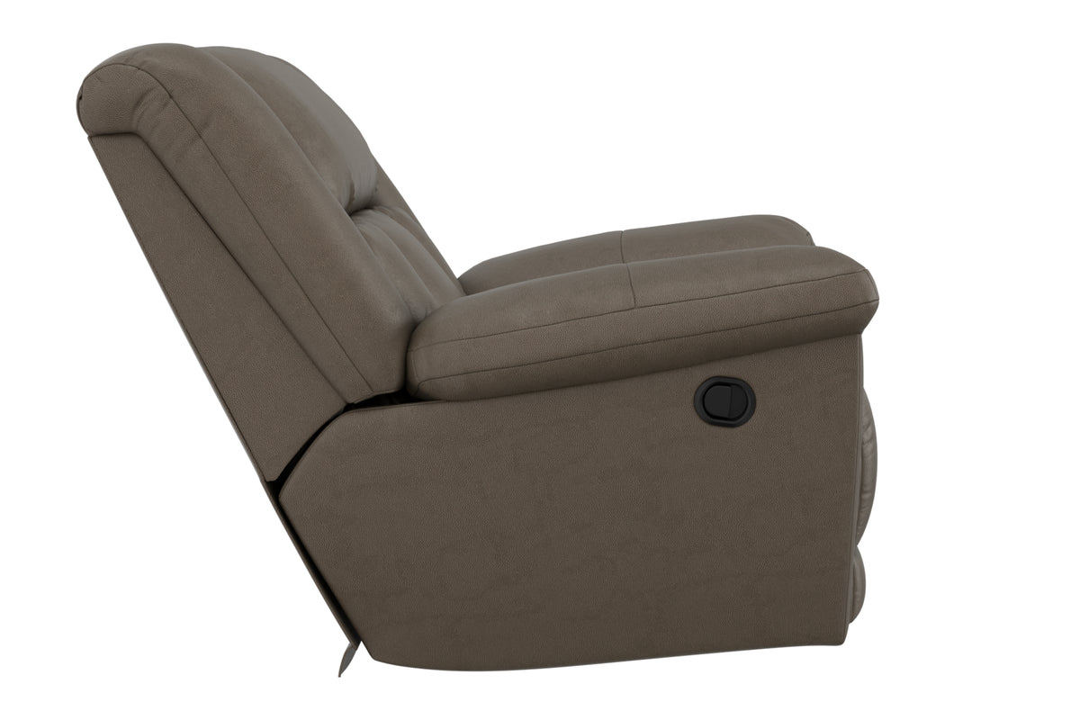 Taupe upholstered reclining chair shown in side view with pull tab and arm padding