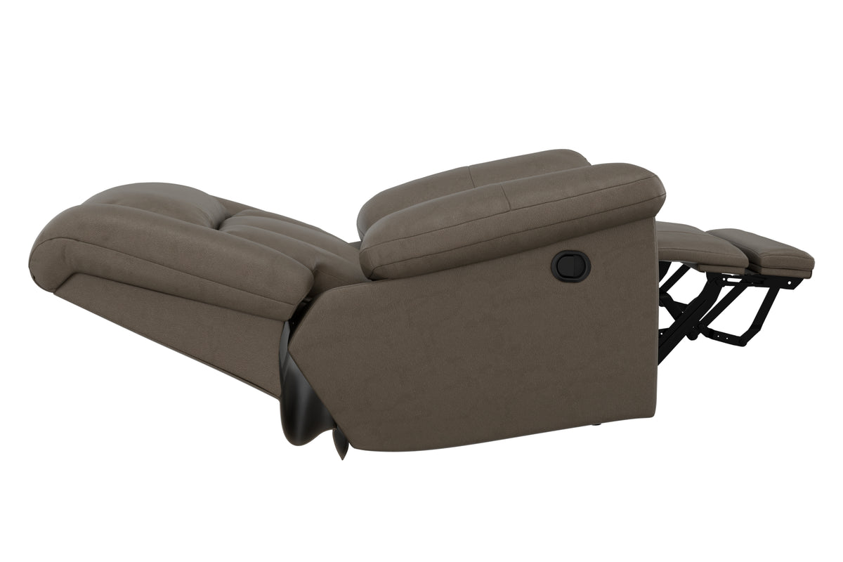Taupe rocker recliner chair fully reclined with extended footrest and side control