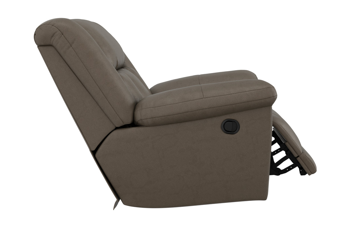Taupe rocker recliner chair reclined side view with extended footrest