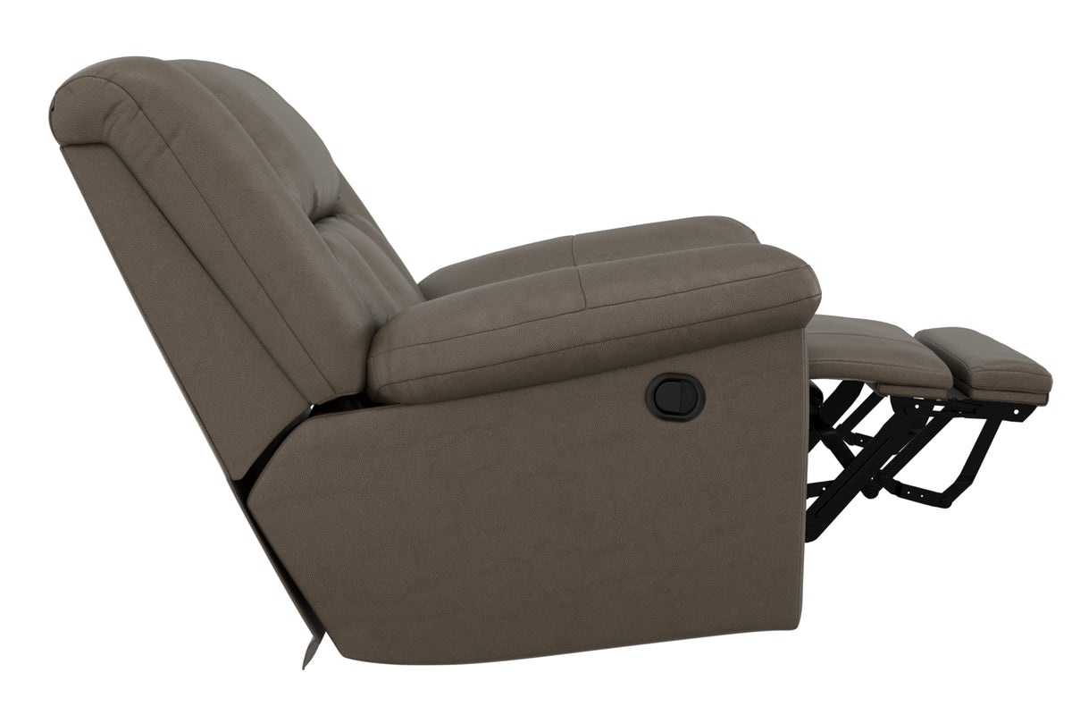 Taupe rocker recliner chair angled reclined view with footrest extended