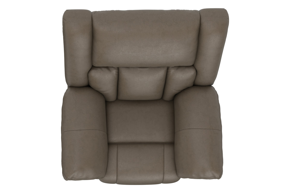 Taupe upholstered recliner with tall back, padded arms, and wide seat cushion