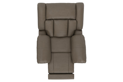 Taupe upholstered reclining chair with tall back, padded arms, and square headrest