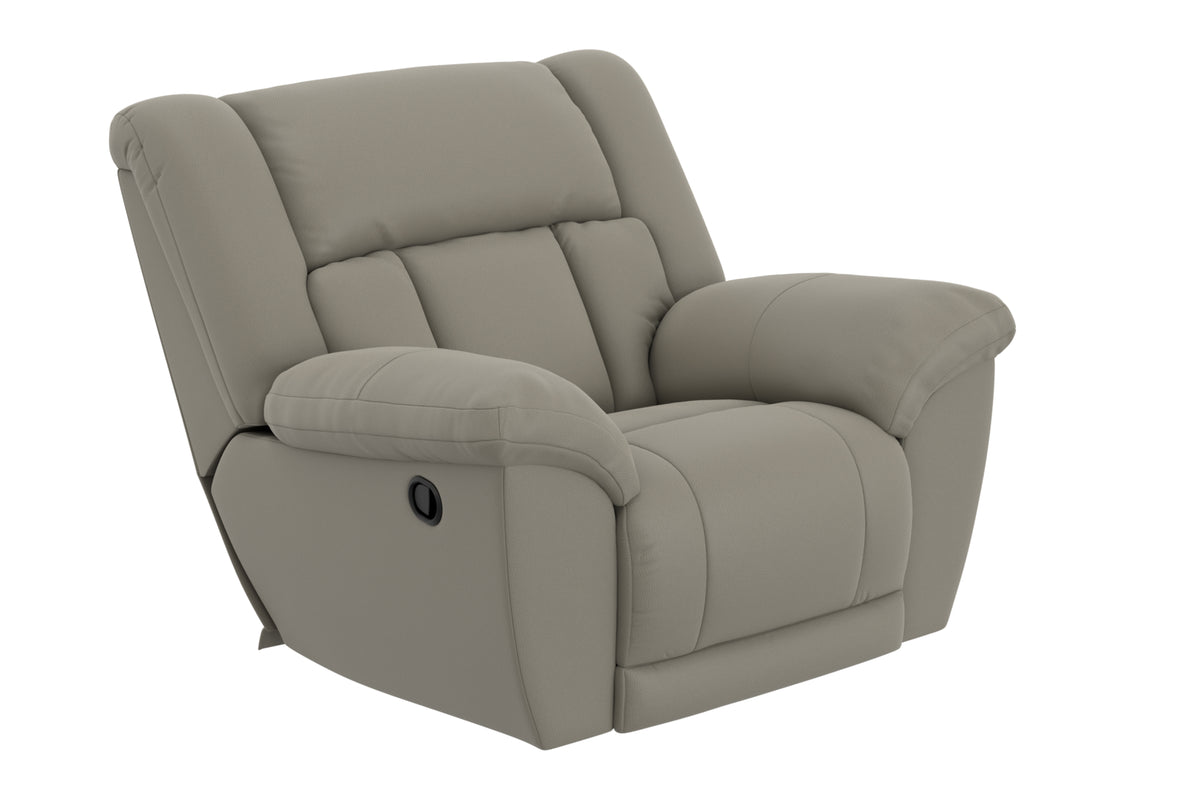 Upholstered recliner chair with padded arms, tufted back, and smooth reclining seat