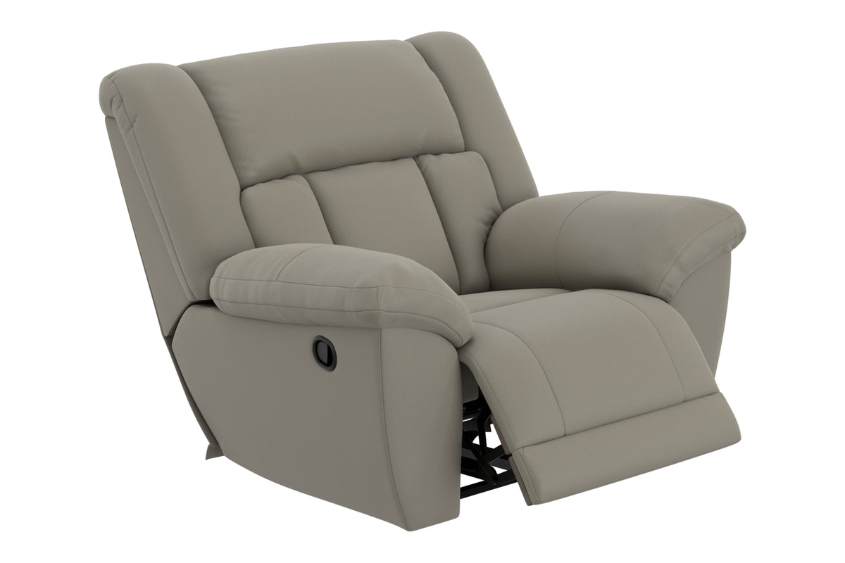 Upholstered recliner chair angled view with reclined seat and padded armrests