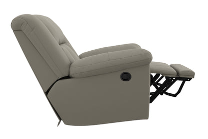 Taupe rocker recliner chair side view with extended footrest and control panel