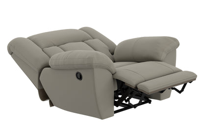 Taupe recliner chair with extended footrest and padded headrest with curved arms