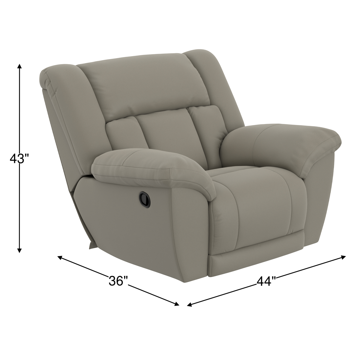 Taupe rocker recliner chair angled view with extended footrest and padded cushions