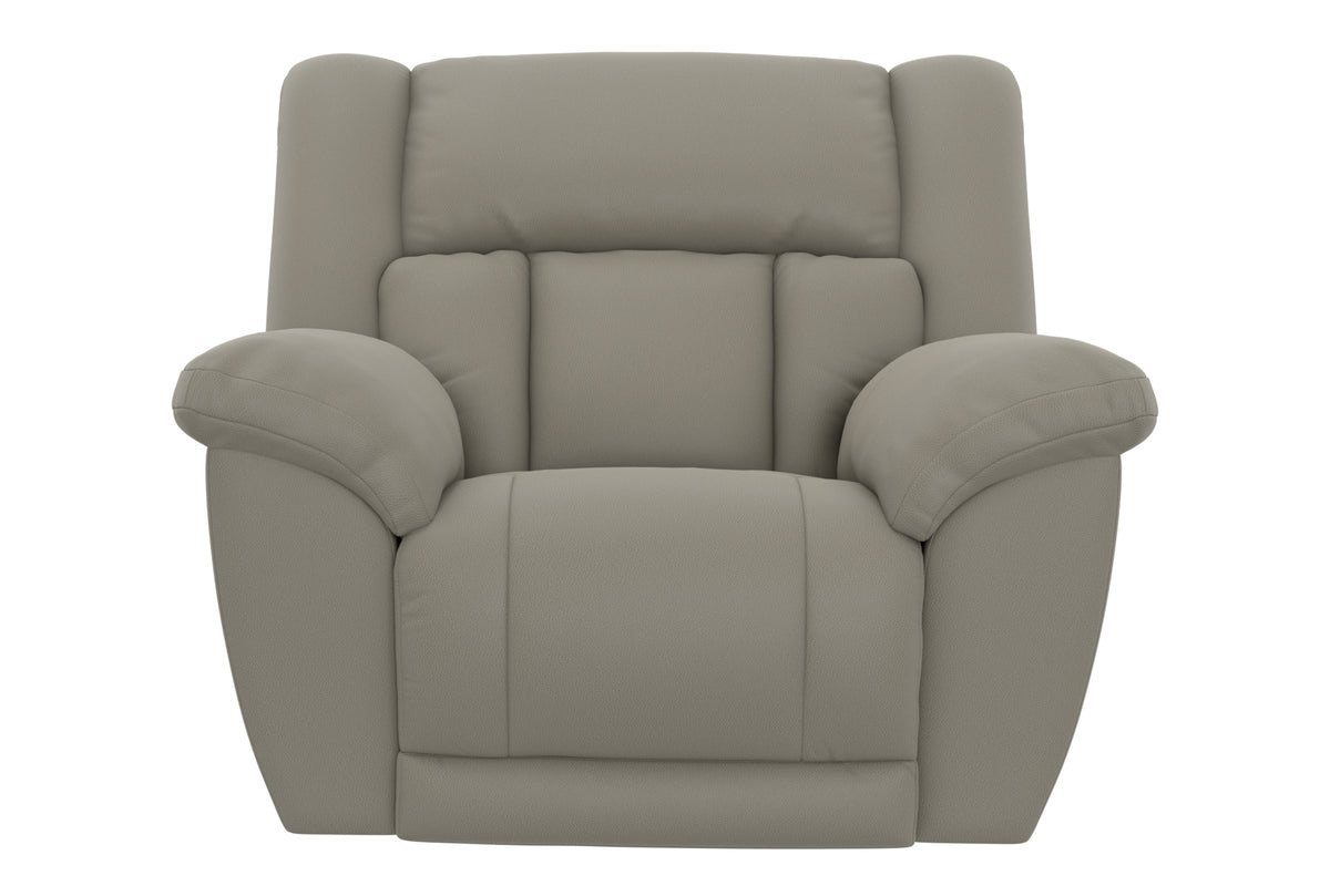 Upholstered recliner chair with high back, wide arms, and deep padded seat