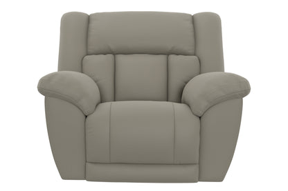 Upholstered recliner chair with high back, wide arms, and deep padded seat