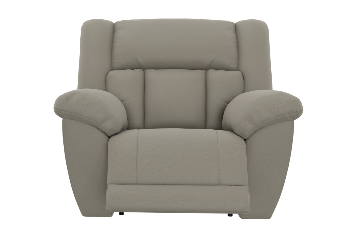 Taupe rocker recliner chair with tall backrest and padded armrests