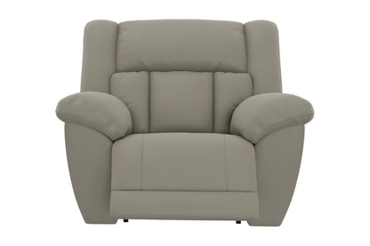 Taupe rocker recliner chair with tall backrest and padded armrests