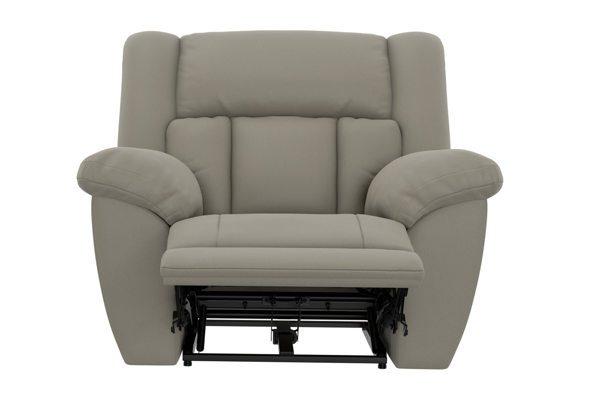 Taupe rocker recliner chair front view with footrest raised and base visible