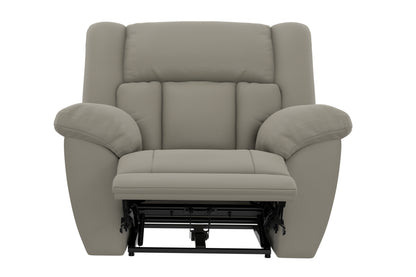 Taupe rocker recliner chair front view with footrest raised and base visible