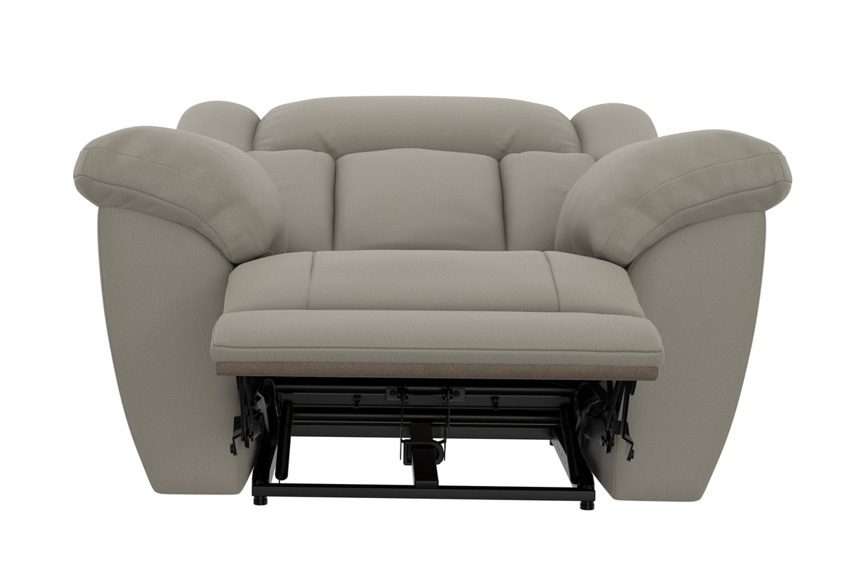 Upholstered recliner chair showing open base and extended footrest support