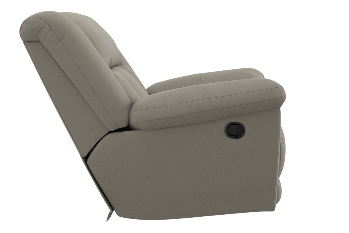 Side view of taupe upholstered recliner with attached footrest and lever panel