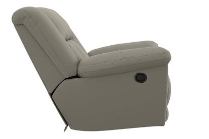 Side view of taupe upholstered recliner with attached footrest and lever panel