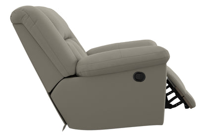 Side view of taupe recliner with extended footrest and rounded arm padding