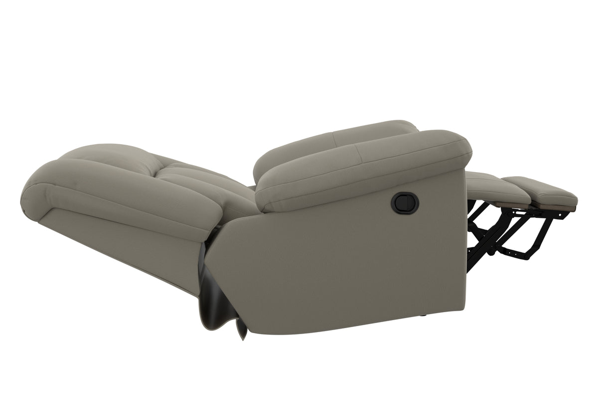 Taupe upholstered recliner with extending footrest and concealed reclining mechanism