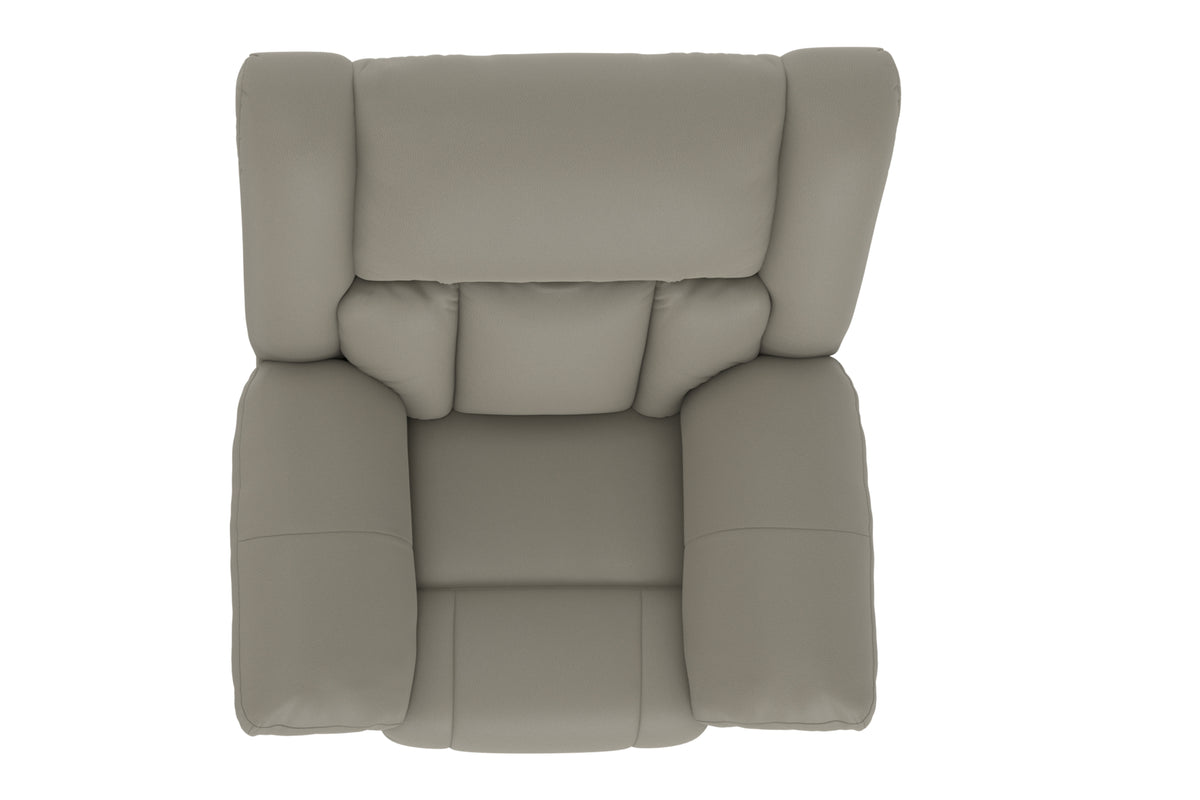 Upholstered recliner chair viewed from front with thick arms and tufted backrest