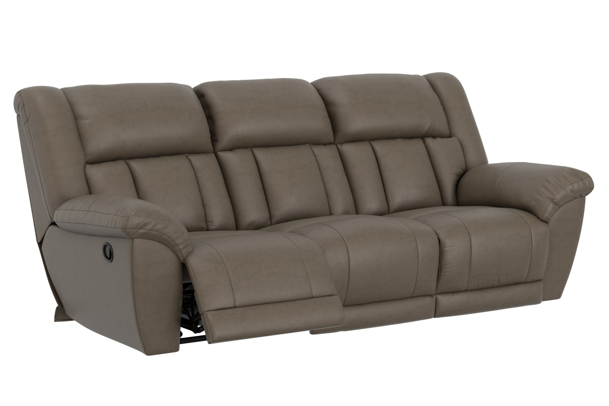 Taupe reclining sofa with segmented back cushions and side arm control panel