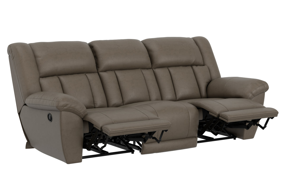 Taupe reclining sofa with open recline positions and hidden support frames