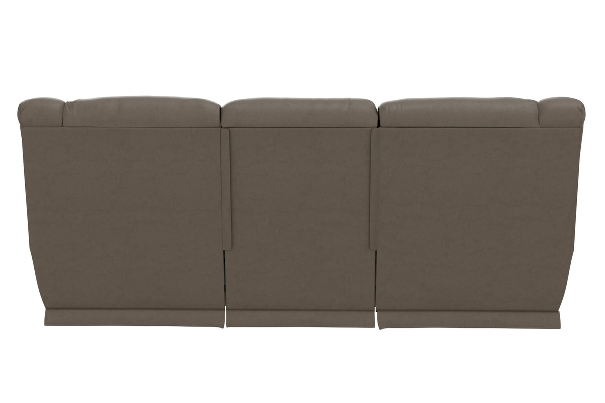 Taupe reclining sofa side view with three seat sections and vertical seams