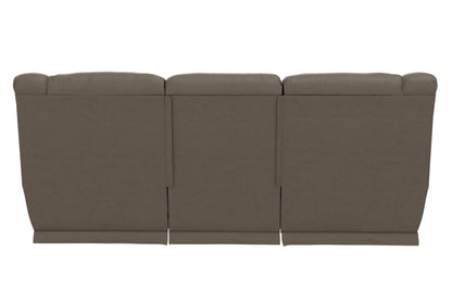 Taupe reclining sofa side view with three seat sections and vertical seams