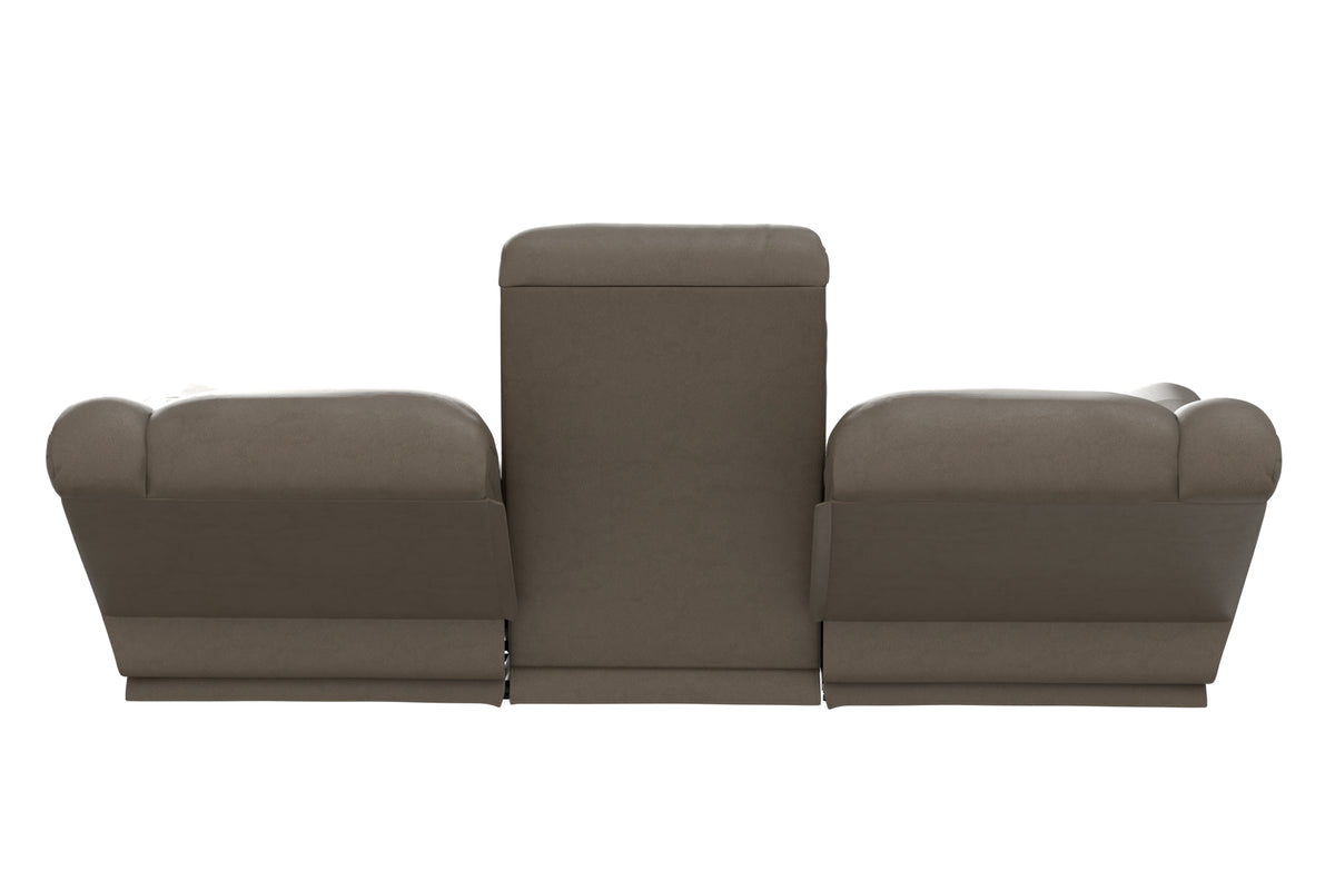 Taupe reclining sofa front view with tall center backrest and wide seat cushions