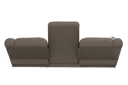 Taupe reclining sofa front view with tall center backrest and wide seat cushions