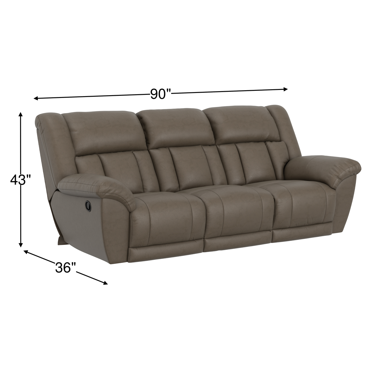 Taupe 3-seat reclining sofa, 90 in width; 43 in height; 36 in depth
