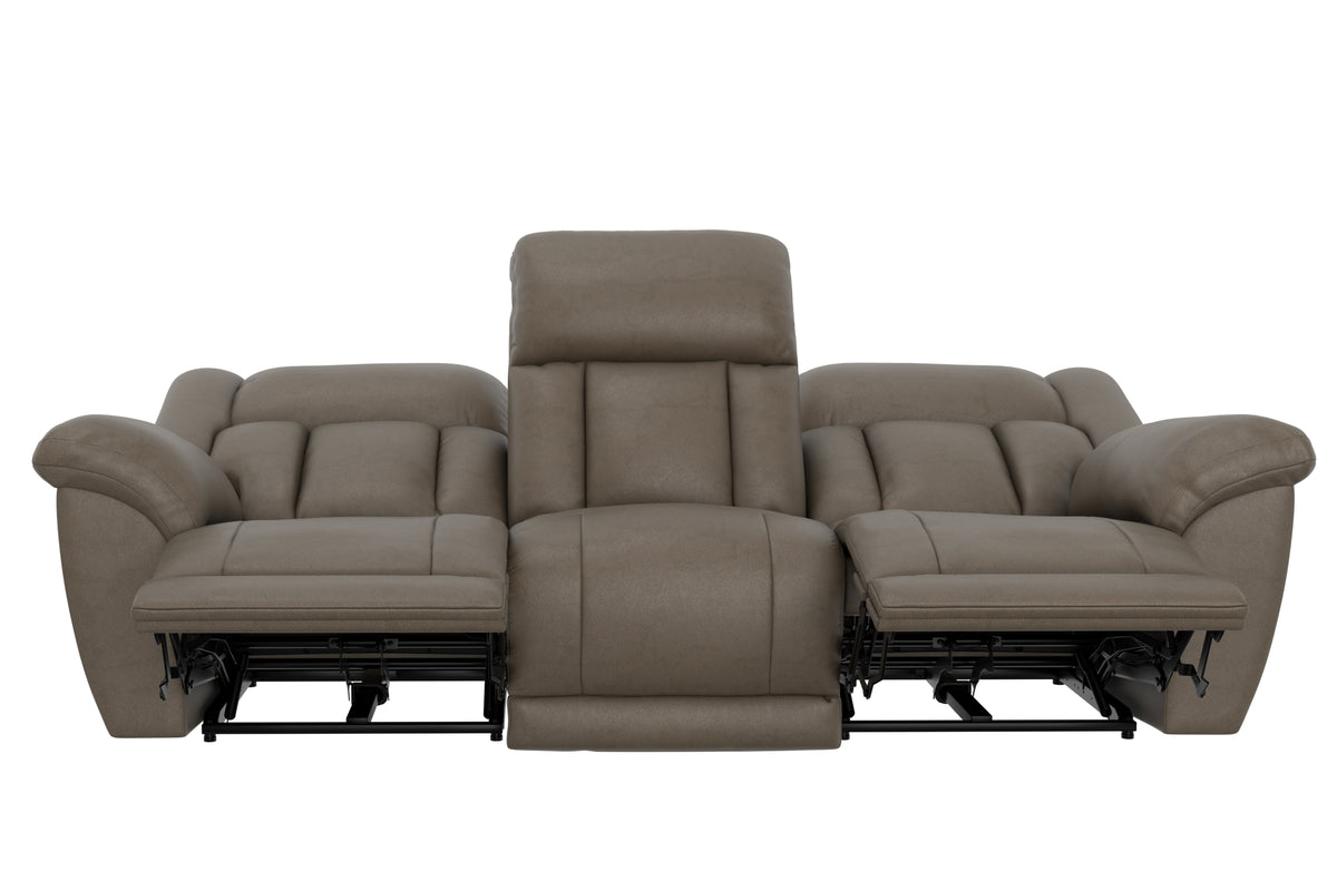Taupe reclining sofa with extended footrests on both sides and center headrest